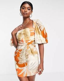 ASOS DESIGN Exaggerated blouson sleeve mini dress with wrap waist in tropical palm print at ASOS