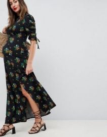 ASOS DESIGN Maternity city maxi tea dress with split in black floral   ASOS at Asos