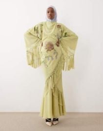 ASOS DESIGN Modesty embroidery and viscose fringe kimono maxi dress in green | ASOS at ASOS