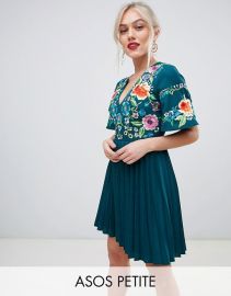 ASOS DESIGN Petite pleated embroidered mini dress at ASOS