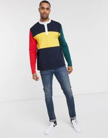 ASOS DESIGN Tall relaxed long sleeve t-shirt with woven granded neck in color block at ASOS