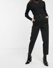 ASOS DESIGN belted single pleat peg pants with tortoiseshell buckle in black at Asos