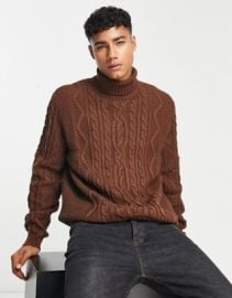 ASOS DESIGN cable knit roll neck sweater in brown ASOS at ASOS