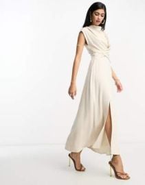 ASOS DESIGN linen high neck twist front midi dress in natural | ASOS at ASOS