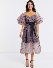 ASOS DESIGN organza overlay puff sleeve midi prom dress in polka dot at Asos