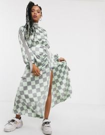 ASOS DESIGN ruched satin midi dress with herringbone tape in checkerboard print at Asos