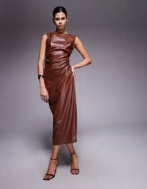 ASOS DESIGN sleeveless ruched leather look midi dress in tan | ASOS at ASOS