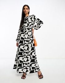 ASOS DESIGN smock maxi dress in belt in mono geo splice print ASOS at ASOS