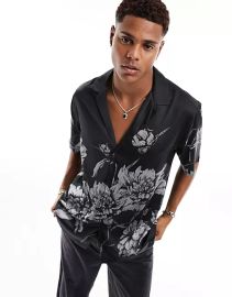 ASOS Design Relaxed revere shirt in black satin floral print at ASOS