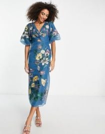 ASOS EDITION floral embroidered organza midi dress in steel blue ASOS at ASOS