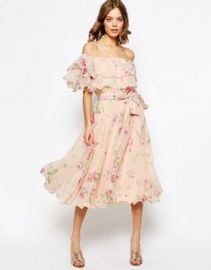 ASOS Floral Bardot Off The Shoulder Midi Prom Dress With Multi Ruffle at asos com at Asos