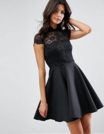 ASOS High Neck Mini Skater Dress With Lace Top at asos com at Asos