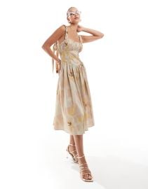 ASOS Lace up corset midi dress with full skirt in floral print at ASOS