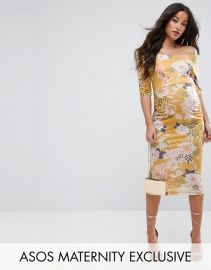 ASOS Maternity Bardot Dress with Half Sleeve in Yellow Base Floral Print at ASOS