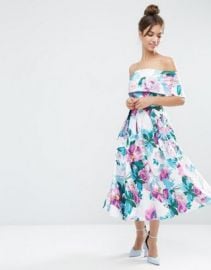 ASOS Off The Shoulder Midi Prom  Dress In Bright Purple Floral at asos com at Asos