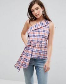 ASOS One Shoulder Top in Soft Check with Tie Detail at asos com at Asos