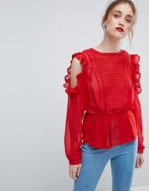 ASOS Ruffle Cold Shoulder Blouse with Pintuck Front and Lace Insert at asos com at Asos