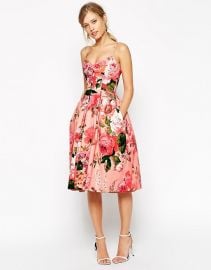 ASOS SALON Rose Print Bandeau Midi Prom Dress in pink at Asos