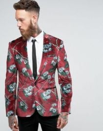 ASOS Super Skinny Blazer In Burgundy Velvet With Blue Floral Print at asos com at Asos