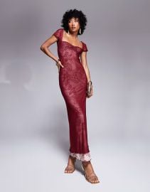 ASOS Sweetheart neckline double layer mesh and lace print maxi dress in burgundy at ASOS