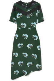 ASYMMETRIC LACE-TRIMMED FLORAL-PRINT CREPE DE CHINE DRESS at Net A Porter