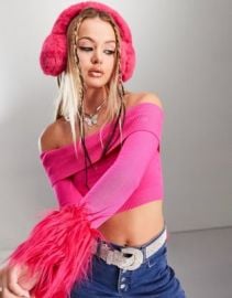 ASYOU fur cuff bardot knitted crop top in hot pink at ASOS