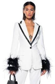 ATLANTIC CITY CONTRAST TRIM BLAZER WITH FEATHER CUFFS in white at Shop Akira