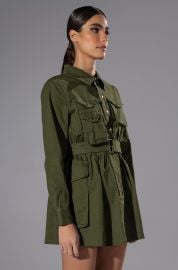 ATTENTION CARGO LONG SLEEVE MINI DRESS in olive at Akira