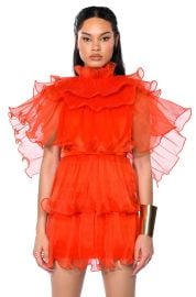 AURORA ORGANZA TIERED STATEMENT MINI DRESS in red at Shop Akira