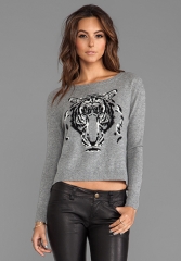 AUTUMN CASHMERE Leopard Intarsia Crew Sweater in Cement Combo at Revolve