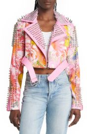 AZALEA WANG Studded Floral Faux Leather Belted Crop Moto Jacket at Nordstrom