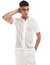 Abercrombie Fitch Retro pattern knitted button up polo in cream at ASOS