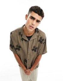 Abercrombie Fitch handcrafted floral print short sleeve shirt in brown at ASOS