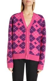 Acne Studios Kwanny Face Logo Argyle Jacquard Lambswool Blend V-Neck Cardigan at Nordstrom