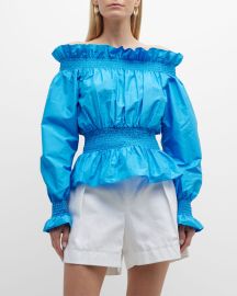 Adam Lippes Smocked Peplum-Waist Off-The-Shoulder Silk Blouse at Neiman Marcus