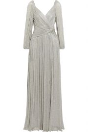 Adele twist-front plissé-lamé gown at The Outnet