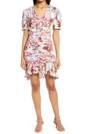 Adelyn Rae Floral Gathered Sateen Minidress in Pink Mist Multi  at Nordstrom