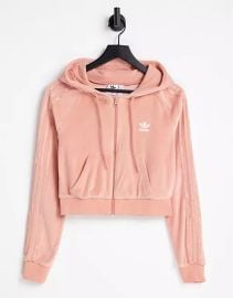 Adidas Relaxed Risque velour zip through hoodie in blush at ASOS