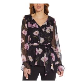 Adrianna Papell Black Sheer Ruffled Floral Balloon Sleeve Top at Walmart