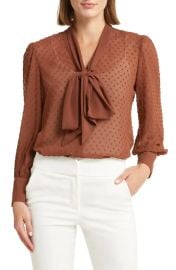 Adrianna Papell Clip Dot Tie Neck Long Sleeve Tunic Top at Nordstrom Rack