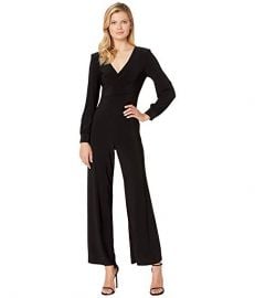 Adrianna Papell Matte Jersey Draped Jumpsuit with V-Neckline and Long Sleeve at Zappos