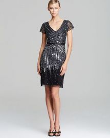 Adrianna Papell V Neck Beaded Dress at Bloomingdales