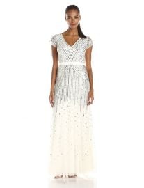 Adrianna Papell Womenand39s Long Beaded V-Neck Dress With Cap Sleeves and Waistband in Ivory at Amazon