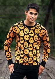 Adult Pumpkin Frenzy Halloween Sweater - Women's Jack-o'-Lantern Pullover Long Sleeve Knit Crewneck Sweater at Amazon
