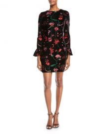 Aidan by Aidan Mattox Floral Velvet Bell-Sleeve Dress at Neiman Marcus