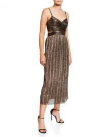 Aidan by Aidan Mattox Pleated Metallic Stripe Sleeveless Midi Cocktail Dress at Neiman Marcus