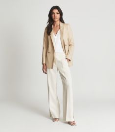 Aila Neutral Wool Linen Blend Double Breasted Blazer at Reiss