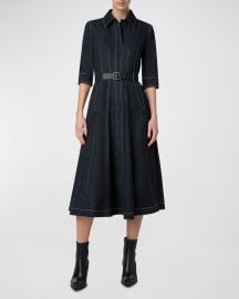 Akris Belted Cotton Denim Midi Dress with Contrast Stitching at Neiman Marcus