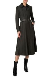 Akris Long Sleeve Belted Stretch Wool Flannel Midi Shirtdress at Nordstrom