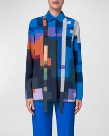 Akris Pixel Flower-Print Neck-Tie Collared Silk Crepe Blouse at Neiman Marcus